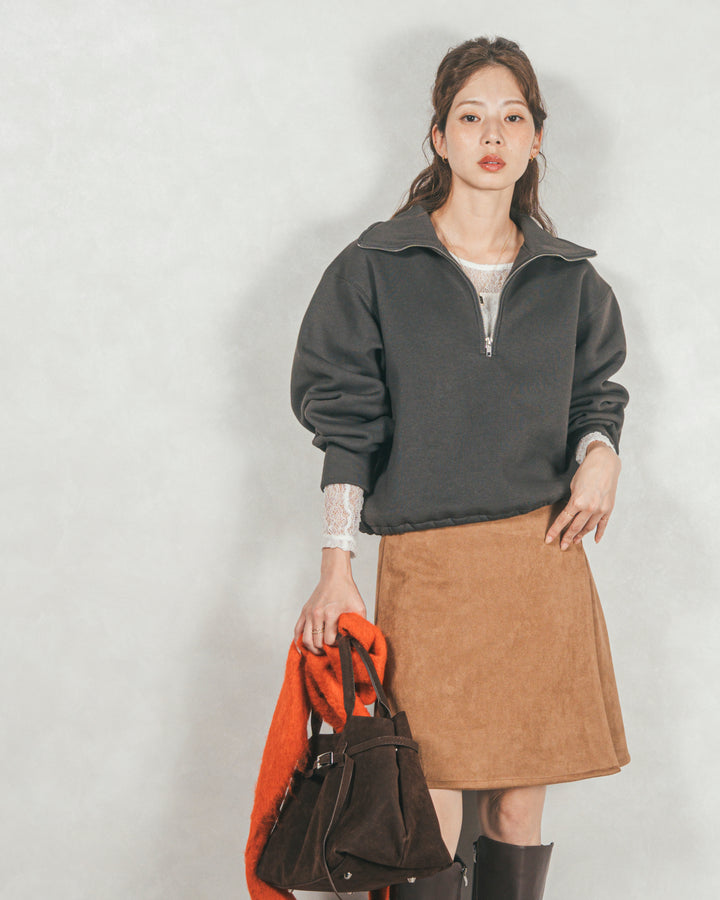 ［SET］裏起毛ハーフZipスウェット+スウェードライクラップスカート（2SET）