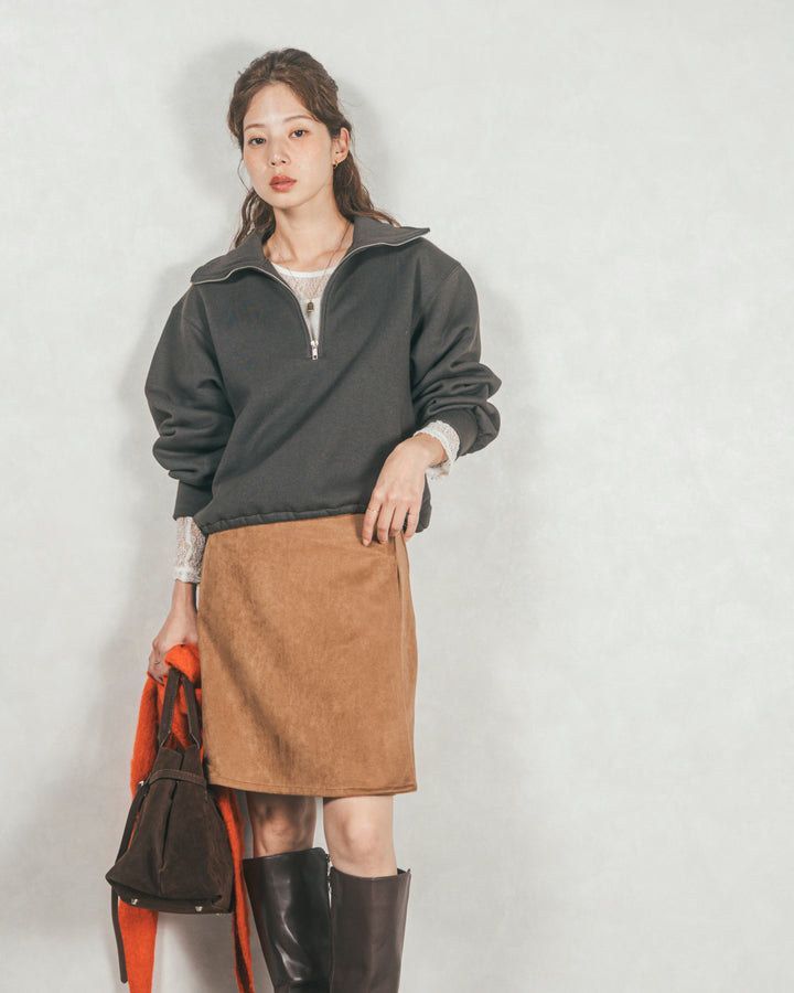 ［SET］裏起毛ハーフZipスウェット+スウェードライクラップスカート（2SET）