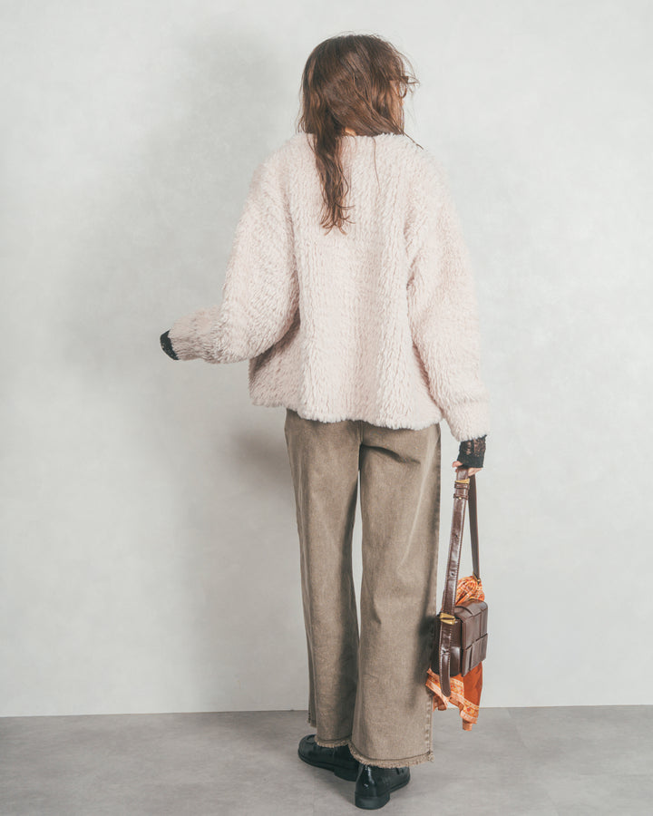 ［SET］ファーニットLuxeカーデコート+センターシーム リラックスワイドデニム（2SET）