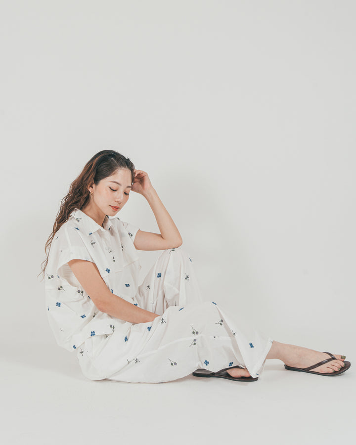 ［SET］Flower刺繍コクーンシャツ + Flower刺繍リラックスパンツ（2SET）