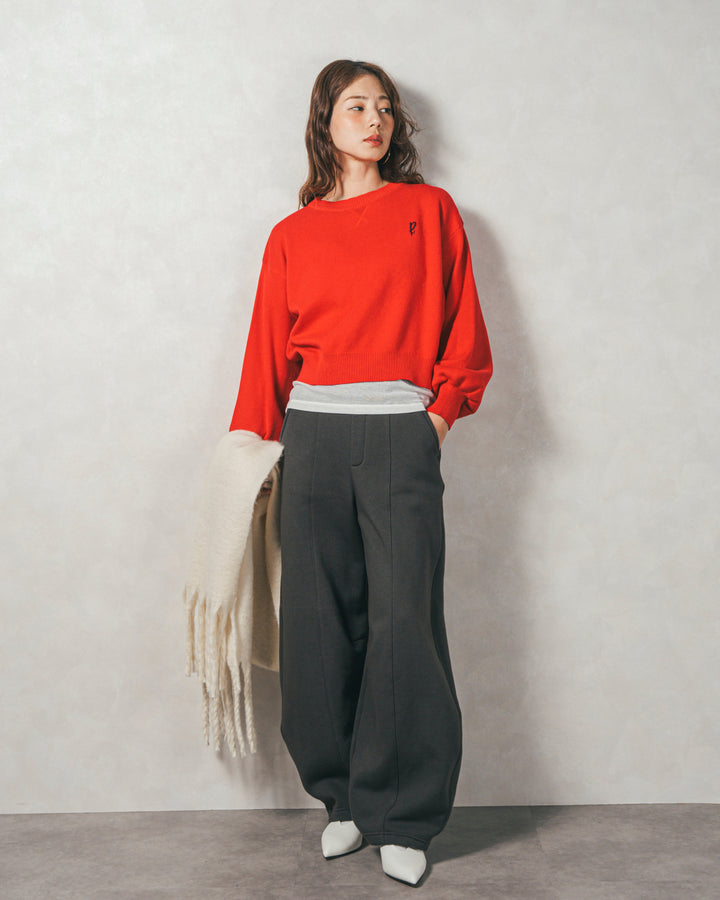 ［SET］スウェットライクロゴ刺繍ニット+Relax 裏起毛カーブパンツ（2SET）