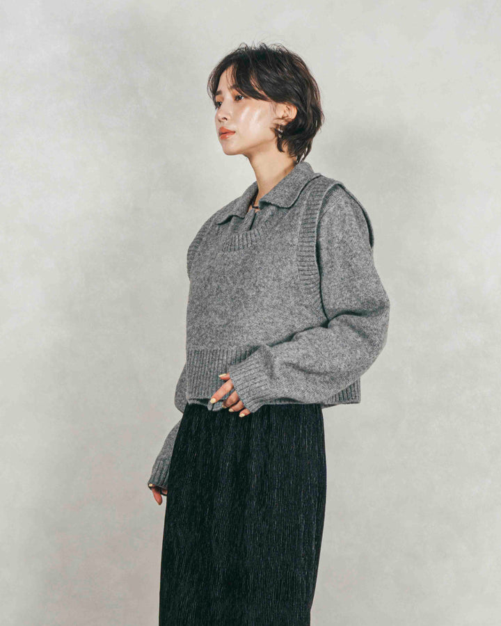 ［SET］Cloudyメランジ襟付きカーディガン+Cloudyメランジクロップドベスト+ベロアNarrowスカート（3SET）