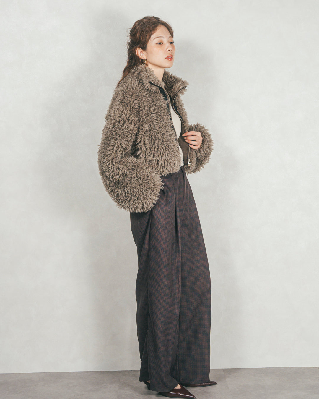 ［SET］プードルボアZipショートコート+メランジチェックStraightパンツ（2SET）