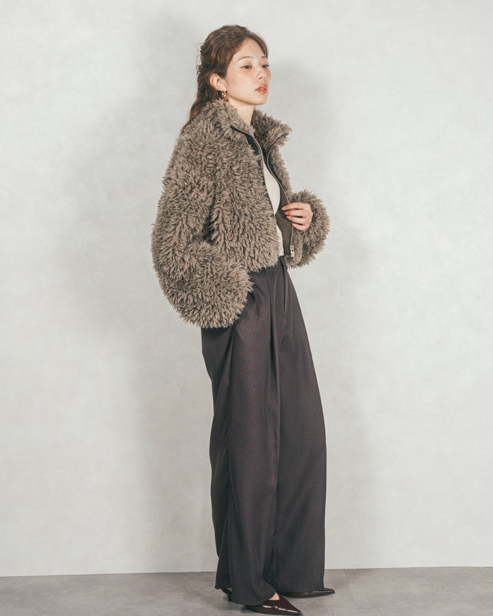 ［SET］プードルボアZipショートコート+メランジチェックStraightパンツ（2SET）