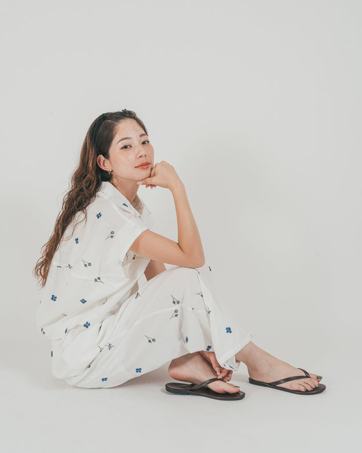 ［SET］Flower刺繍コクーンシャツ + Flower刺繍リラックスパンツ（2SET）