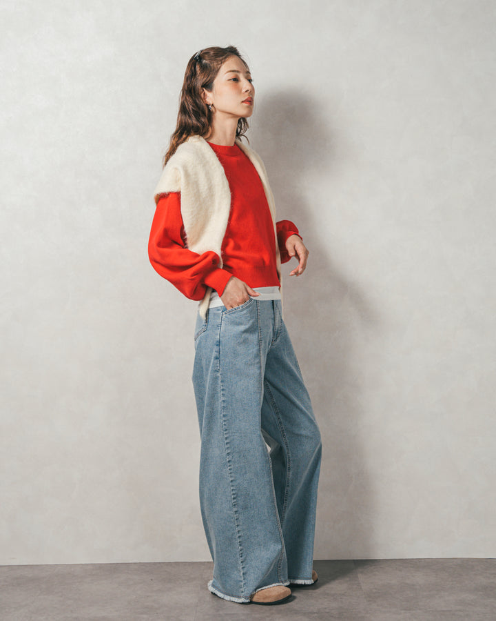 ［SET］スウェットライクロゴ刺繍ニット+センターシーム リラックスカラーデニム（2SET）