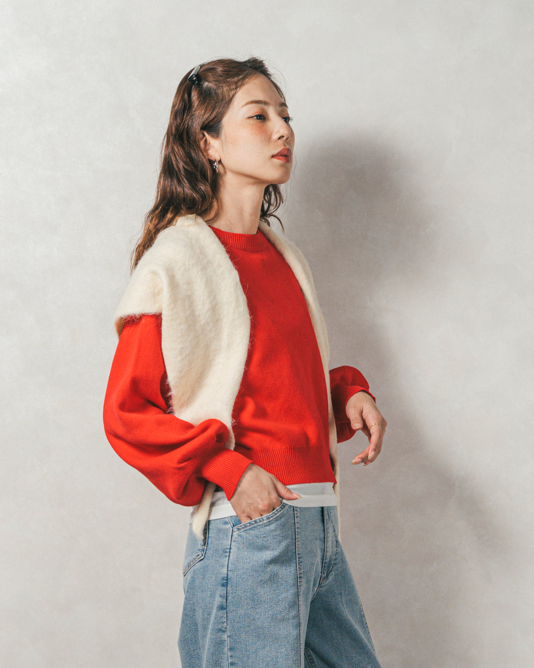 スウェットライクロゴ刺繍ニット (RED)