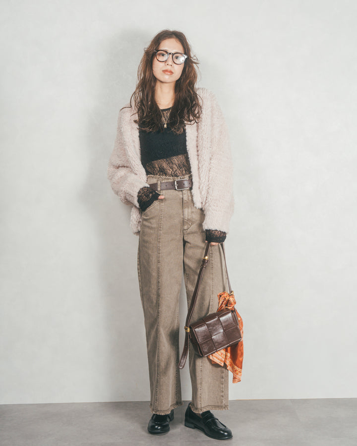 ［SET］ファーニットLuxeカーデコート+センターシーム リラックスワイドデニム（2SET）