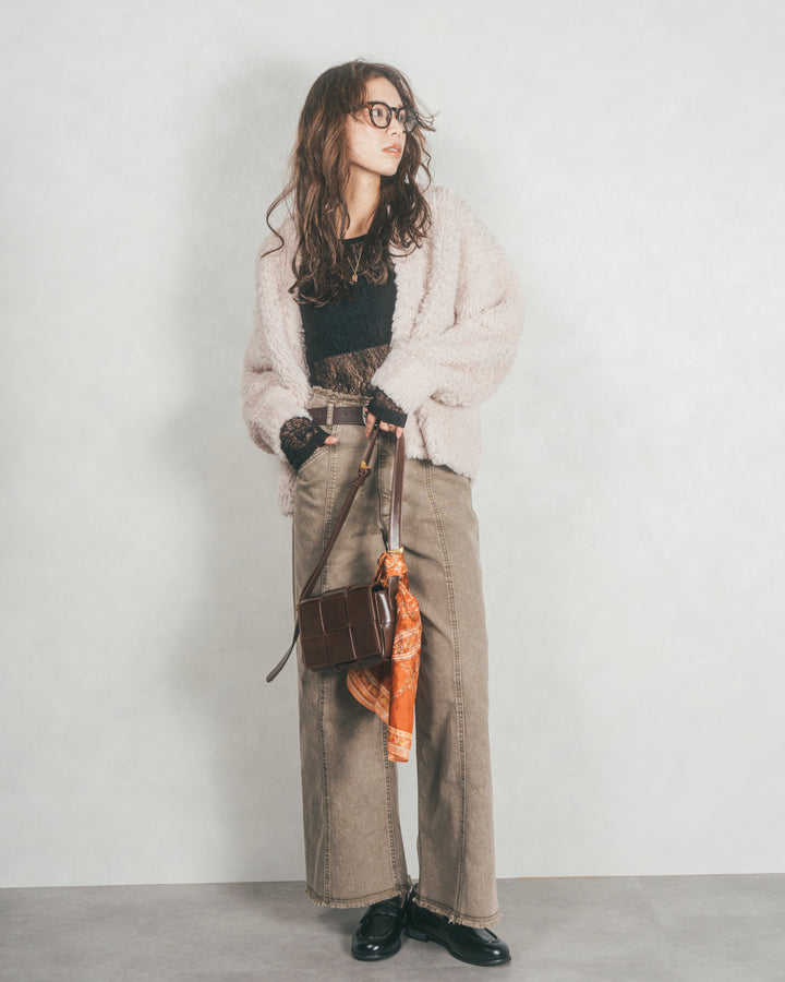 ［SET］ファーニットLuxeカーデコート+センターシーム リラックスワイドデニム（2SET）