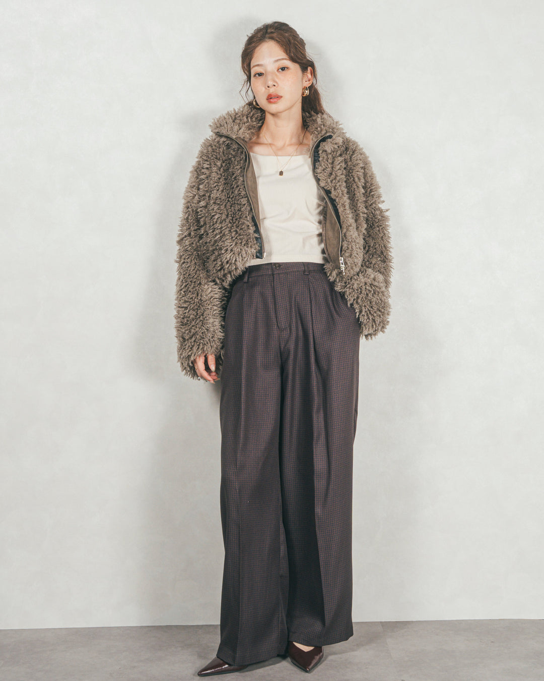 ［SET］プードルボアZipショートコート+メランジチェックStraightパンツ（2SET）