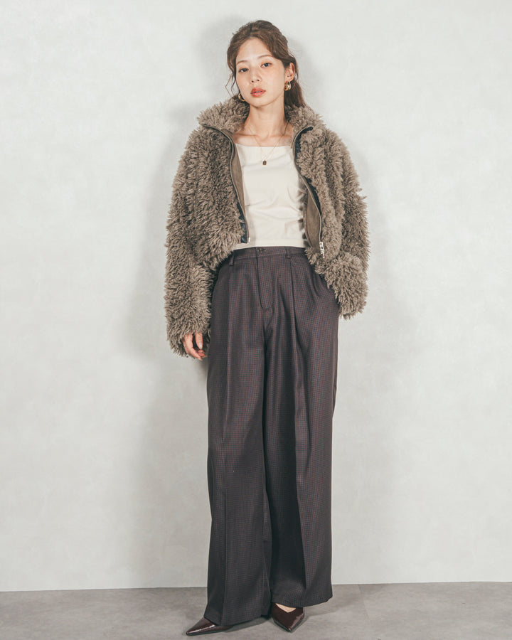 ［SET］プードルボアZipショートコート+メランジチェックStraightパンツ（2SET）