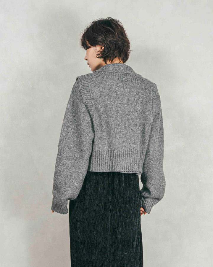 ［SET］Cloudyメランジ襟付きカーディガン+Cloudyメランジクロップドベスト+ベロアNarrowスカート（3SET）