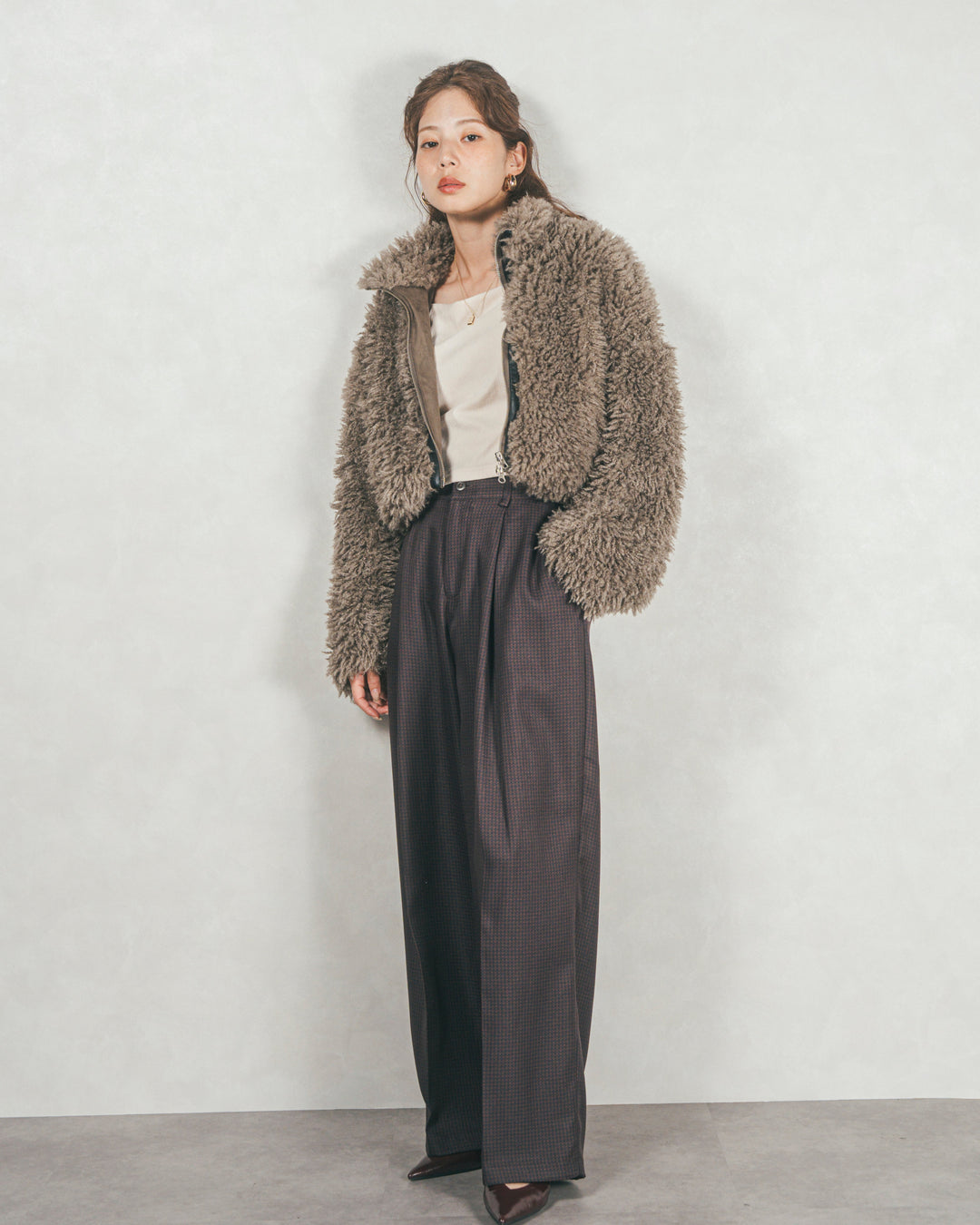 ［SET］プードルボアZipショートコート+メランジチェックStraightパンツ（2SET）