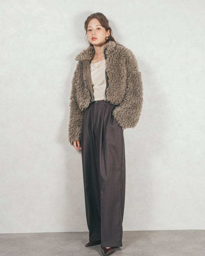 ［SET］プードルボアZipショートコート+メランジチェックStraightパンツ（2SET）