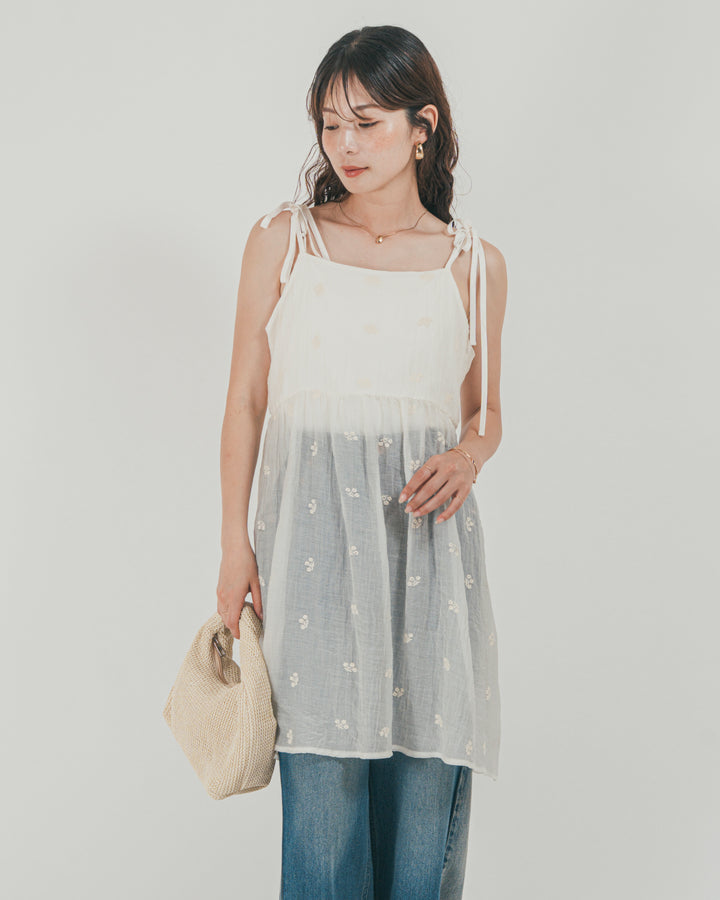 ［SET］ショルダーリボン刺繍Veilキャミ + 10oz サイドタック リラックスデニムパンツ（2SET）