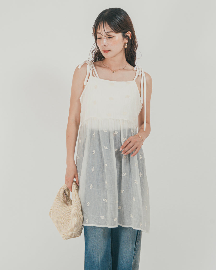 ［SET］ショルダーリボン刺繍Veilキャミ + 10oz サイドタック リラックスデニムパンツ（2SET）