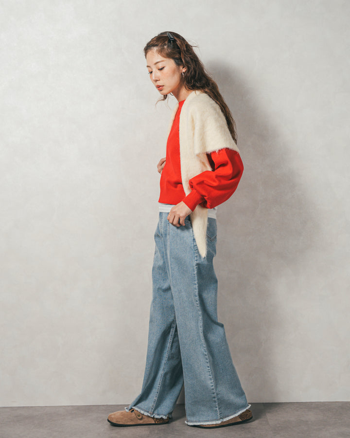 ［SET］スウェットライクロゴ刺繍ニット+センターシーム リラックスカラーデニム（2SET）