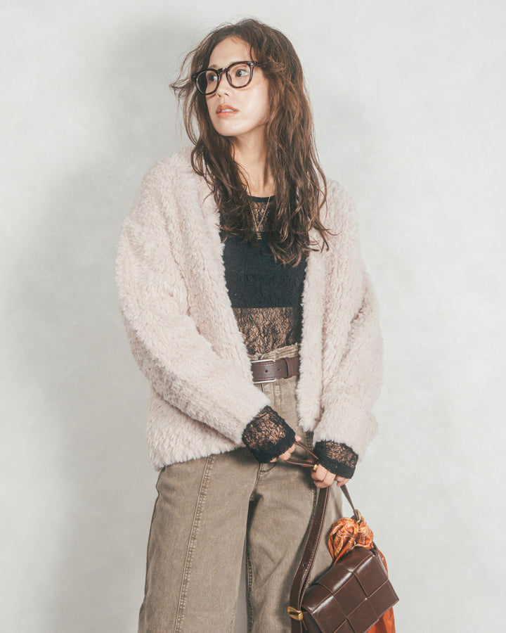 ［SET］ファーニットLuxeカーデコート+センターシーム リラックスワイドデニム（2SET）