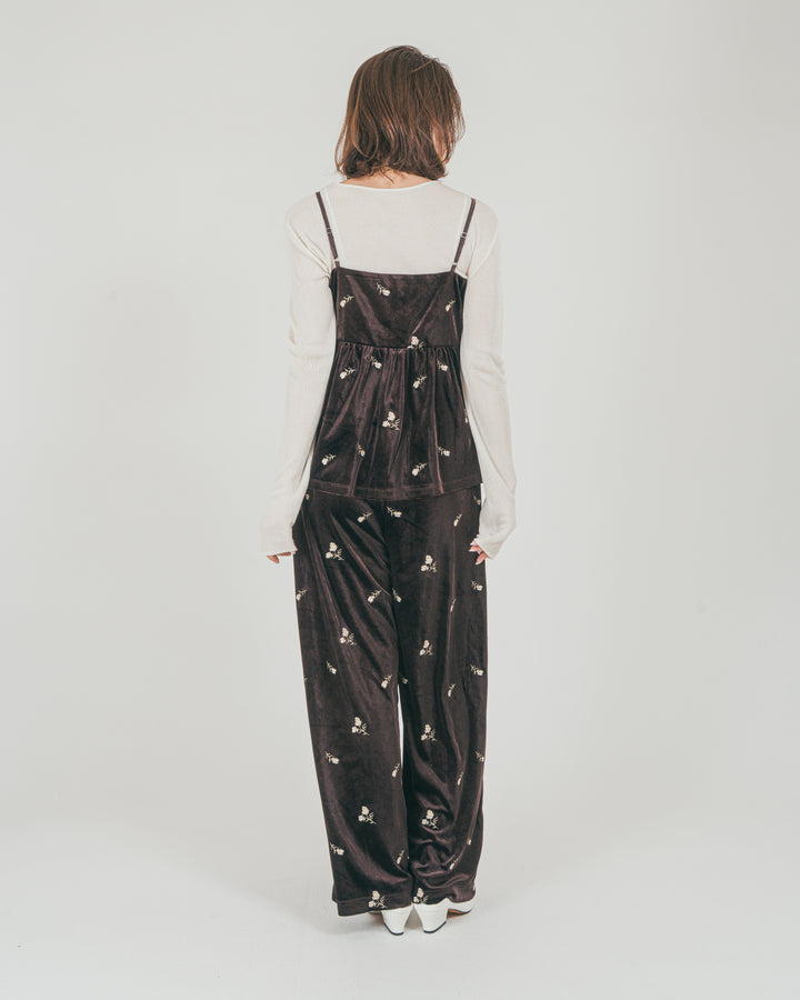 ［SET］Flower刺繍 ベロアペプラムキャミ + Flower刺繍 ベロアパンツ + ボートネックSheerリブニット（3SET）