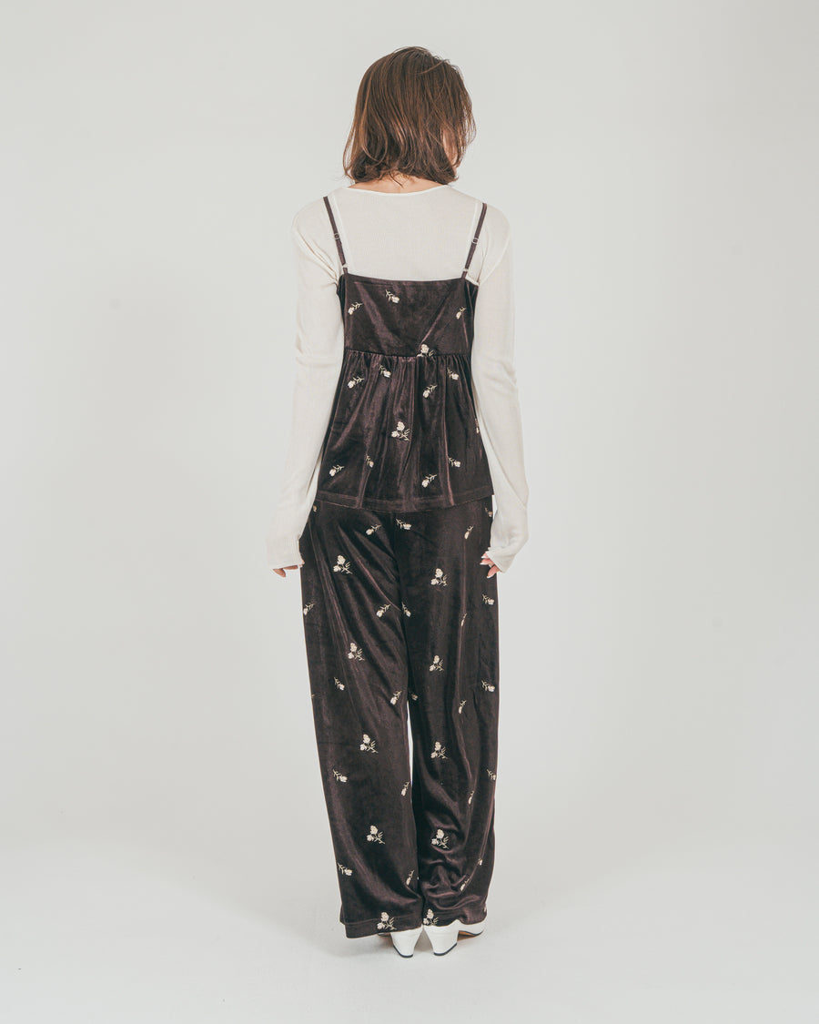 ［SET］Flower刺繍 ベロアペプラムキャミ + Flower刺繍 ベロアパンツ + ボートネックSheerリブニット（3SET）