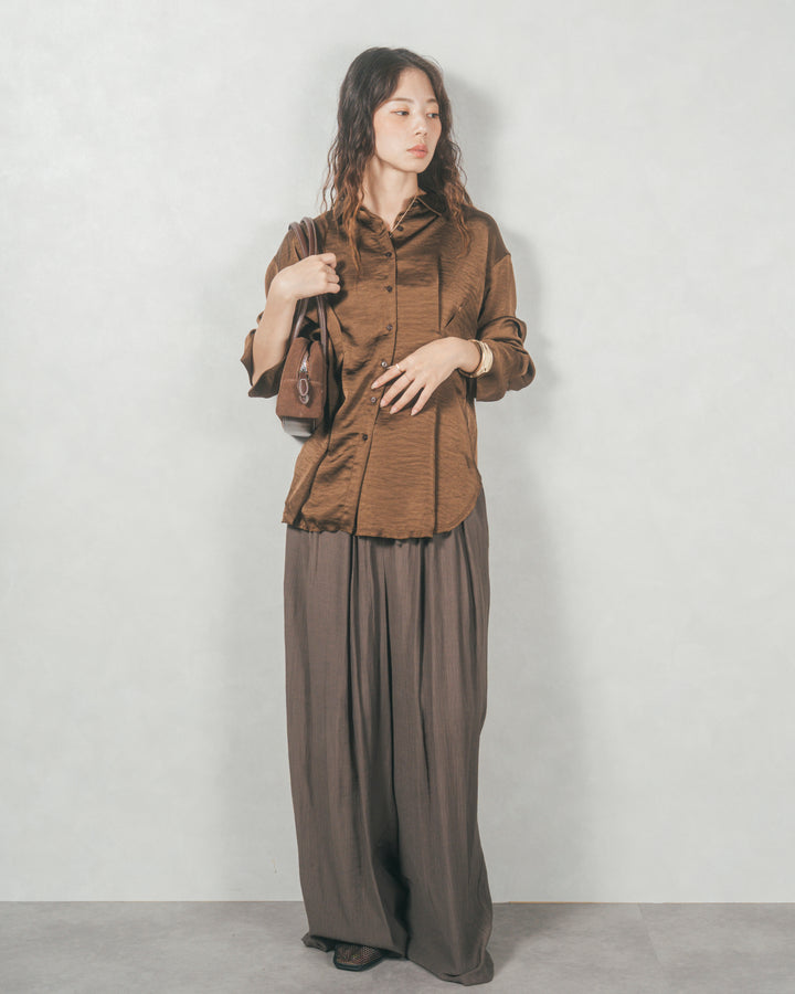 マットサテン タックシャツ (BROWN)