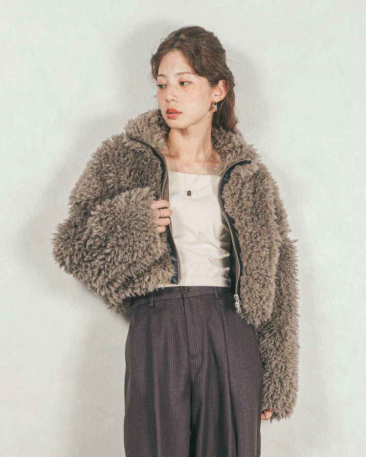 ［SET］プードルボアZipショートコート+メランジチェックStraightパンツ（2SET）