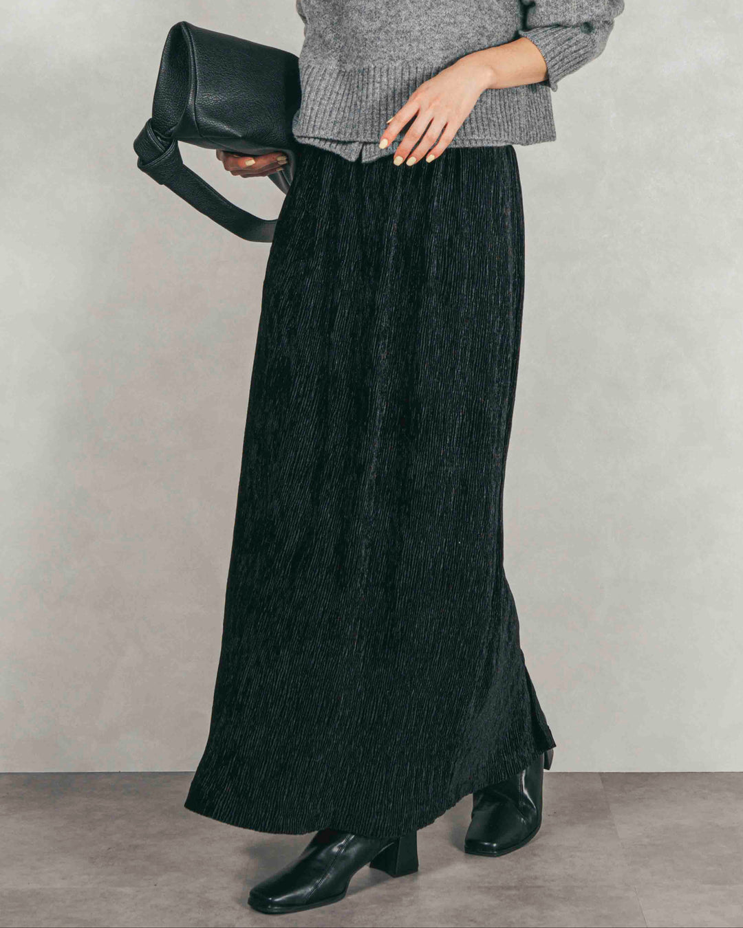 ［SET］Cloudyメランジ襟付きカーディガン+Cloudyメランジクロップドベスト+ベロアNarrowスカート（3SET）