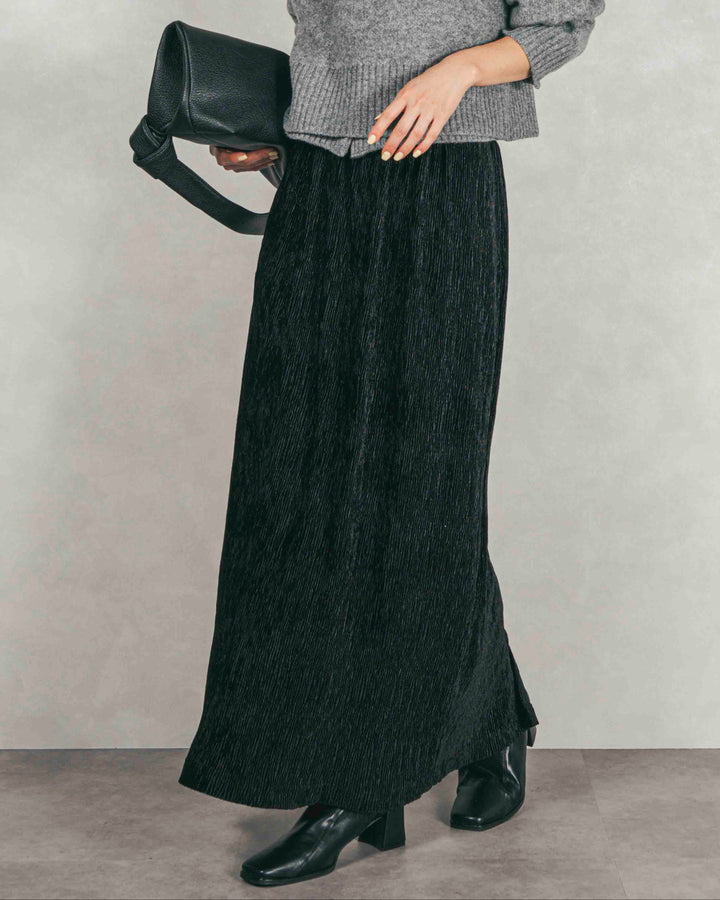 ［SET］Cloudyメランジ襟付きカーディガン+Cloudyメランジクロップドベスト+ベロアNarrowスカート（3SET）