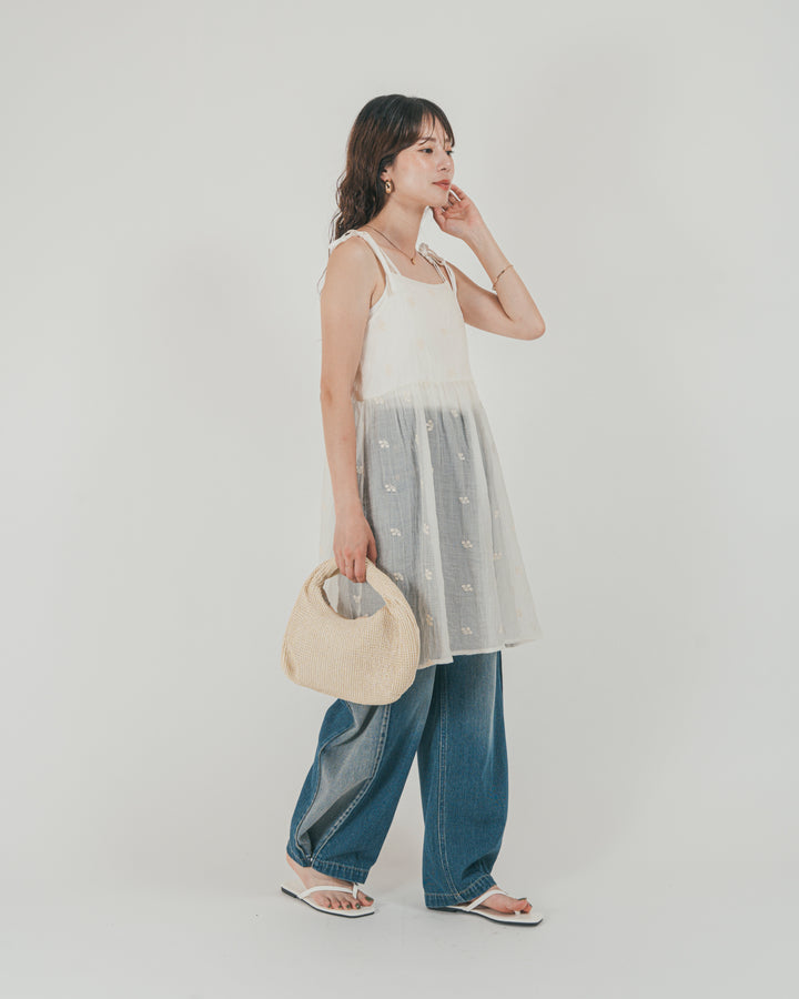 ［SET］ショルダーリボン刺繍Veilキャミ + 10oz サイドタック リラックスデニムパンツ（2SET）