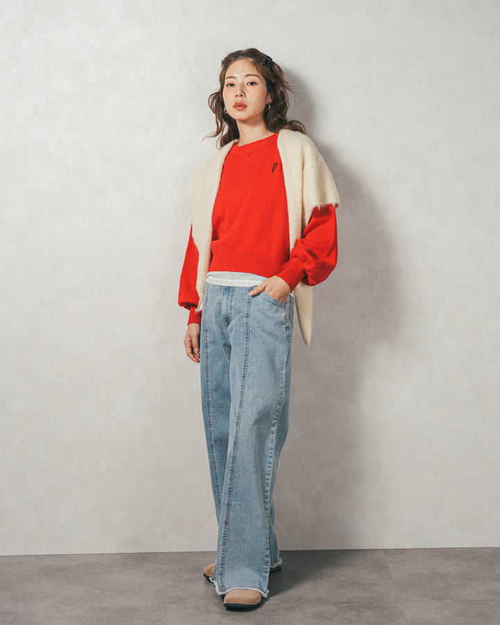 ［SET］スウェットライクロゴ刺繍ニット+センターシーム リラックスカラーデニム（2SET）
