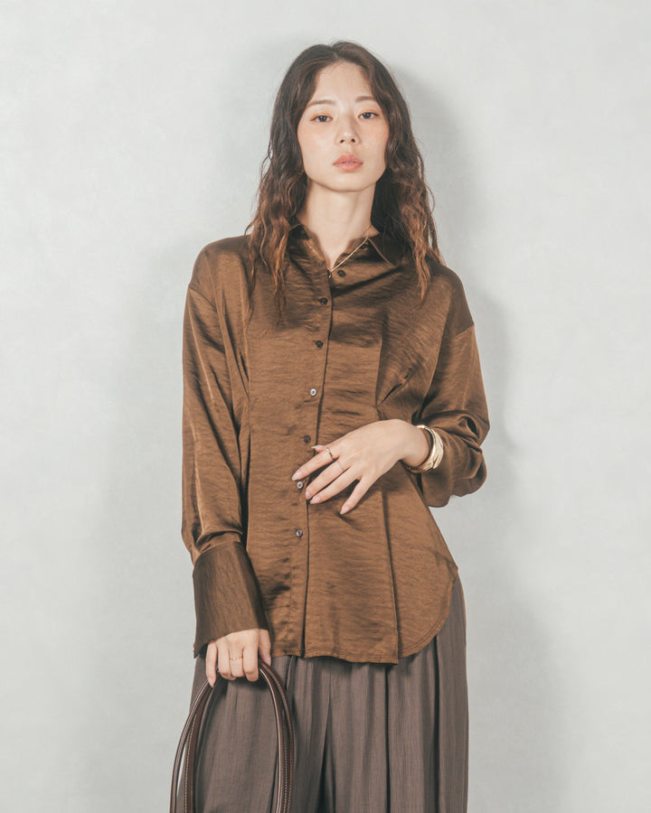 マットサテン タックシャツ (BROWN)