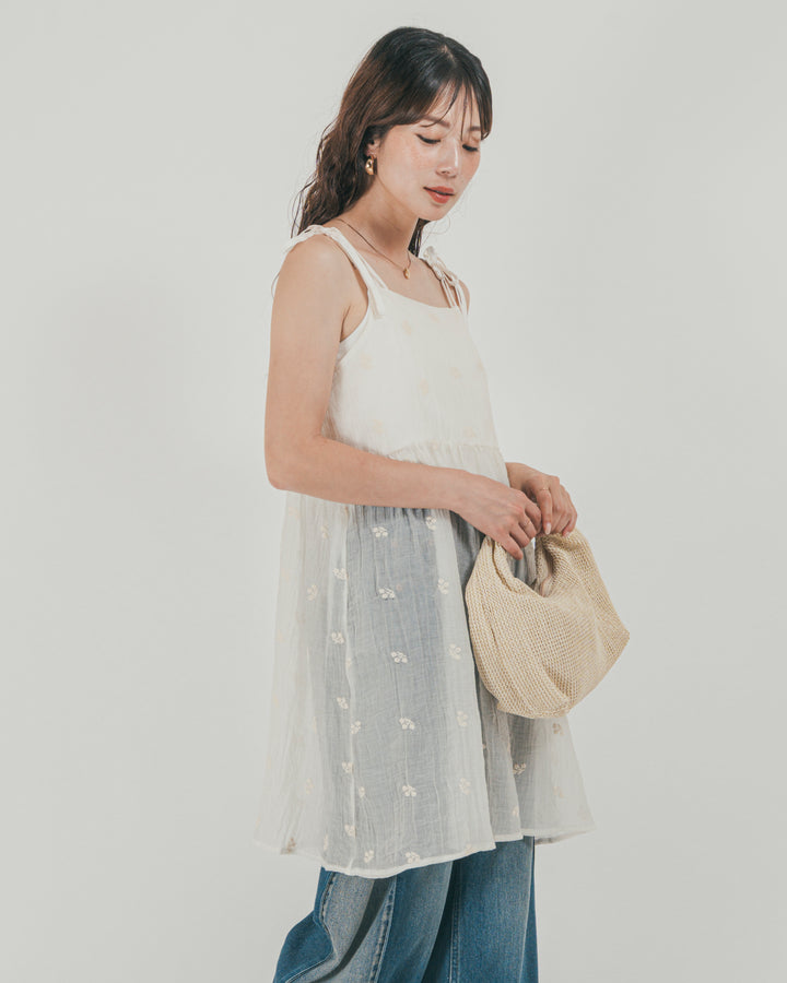 ［SET］ショルダーリボン刺繍Veilキャミ + 10oz サイドタック リラックスデニムパンツ（2SET）