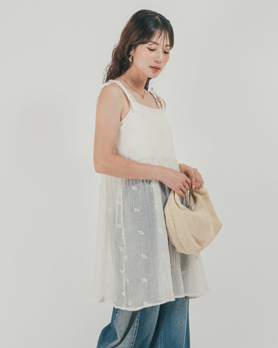 ［SET］ショルダーリボン刺繍Veilキャミ + 10oz サイドタック リラックスデニムパンツ（2SET）