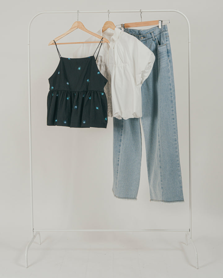 ［SET］Flower刺繍　ボリュームキャミ + バルーンShirringハーフスリーブシャツ + 10oz ニュアンスバイカラー リラックスワイドデニム（3SET）