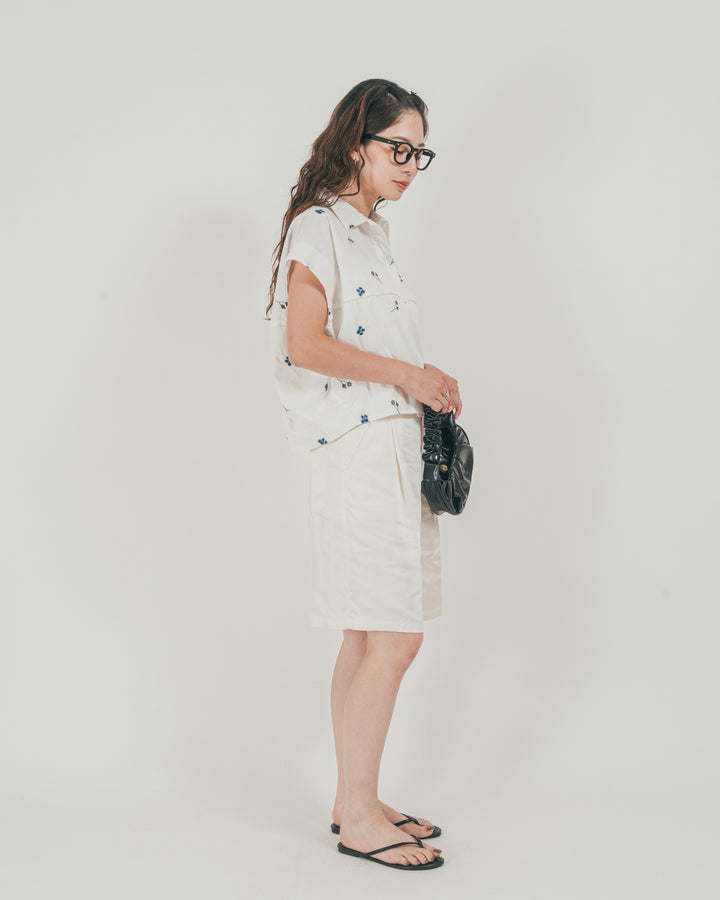 ［SET］Flower刺繍コクーンシャツ + Vintageサテン　ハーフパンツ（2SET）