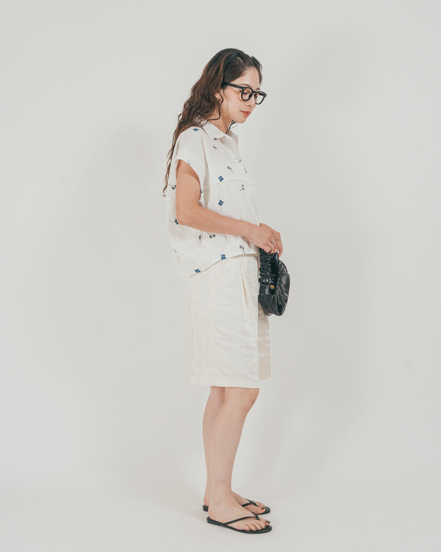 ［SET］Flower刺繍コクーンシャツ + Vintageサテン　ハーフパンツ（2SET）