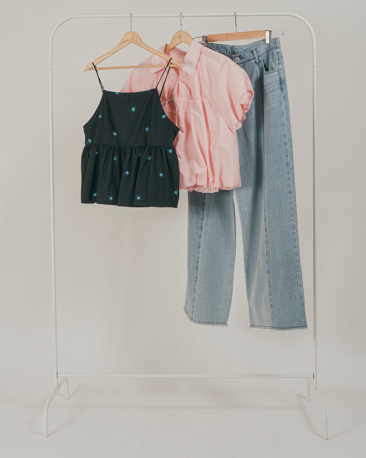 ［SET］Flower刺繍　ボリュームキャミ + バルーンShirringハーフスリーブシャツ + 10oz ニュアンスバイカラー リラックスワイドデニム（3SET）