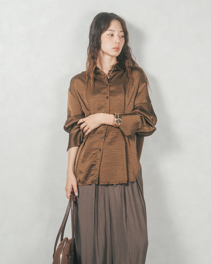 マットサテン タックシャツ (BROWN)