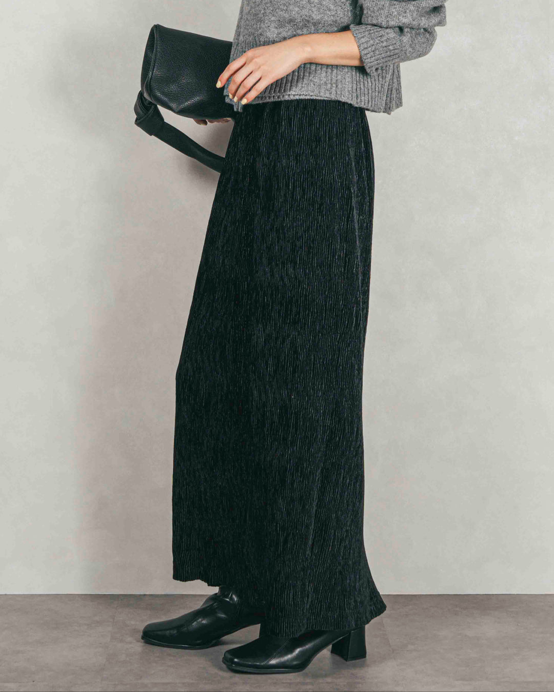 ［SET］Cloudyメランジ襟付きカーディガン+Cloudyメランジクロップドベスト+ベロアNarrowスカート（3SET）