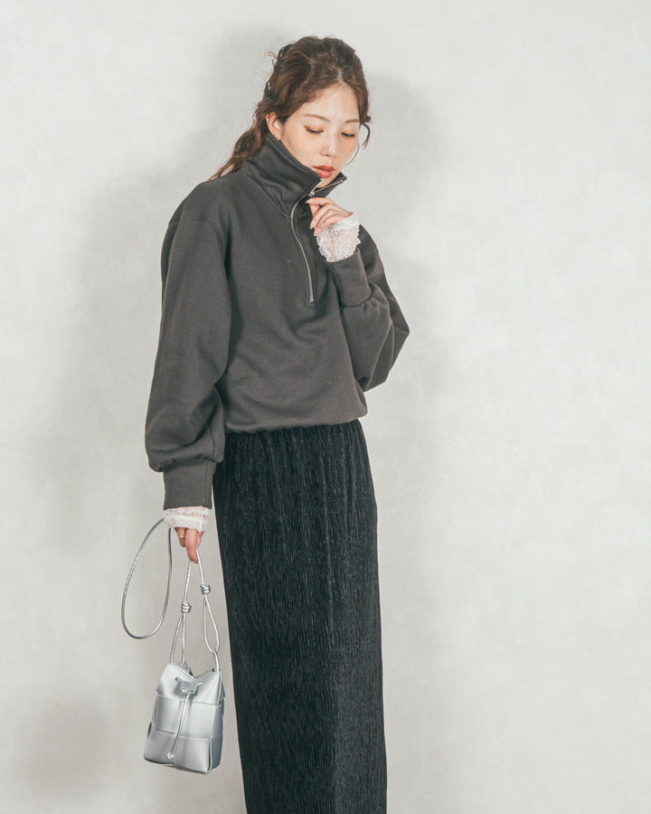 ［SET］裏起毛ハーフZipスウェット+ベロアNarrowスカート（2SET）