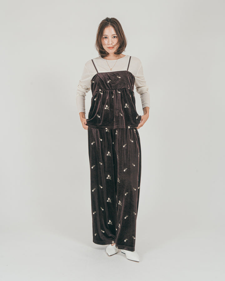 ［SET］Flower刺繍 ベロアペプラムキャミ + Flower刺繍 ベロアパンツ + ボートネックSheerリブニット（3SET）