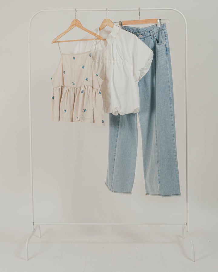 ［SET］Flower刺繍　ボリュームキャミ + バルーンShirringハーフスリーブシャツ + 10oz ニュアンスバイカラー リラックスワイドデニム（3SET）