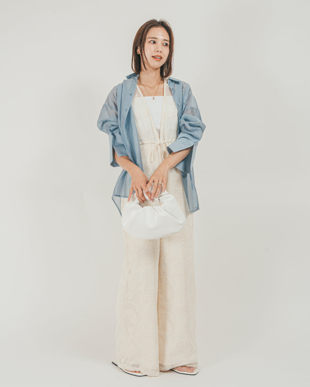［SET］Clear Sheer オーバーシャツ + ウエストリボン　レースサロペット（2SET）