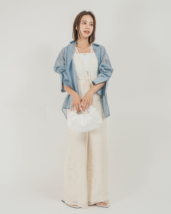 ［SET］Clear Sheer オーバーシャツ + ウエストリボン　レースサロペット（2SET）