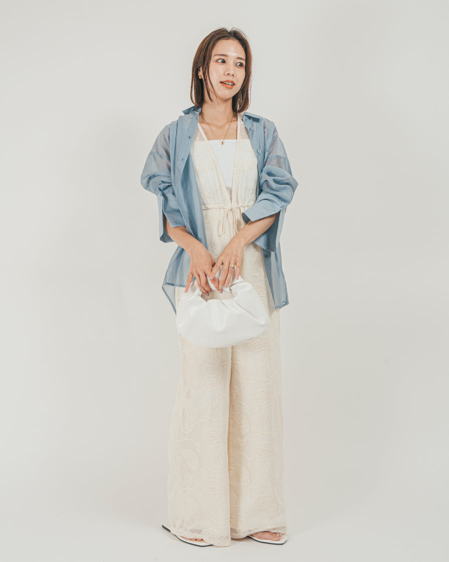 ［SET］Clear Sheer オーバーシャツ + ウエストリボン　レースサロペット（2SET）