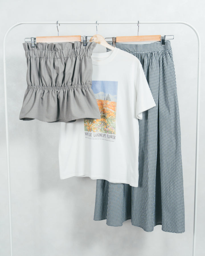 ［SET］グラフィックT+リネンタッチギャザーベアトップス+チェックギャザーマキシスカート（3SET）