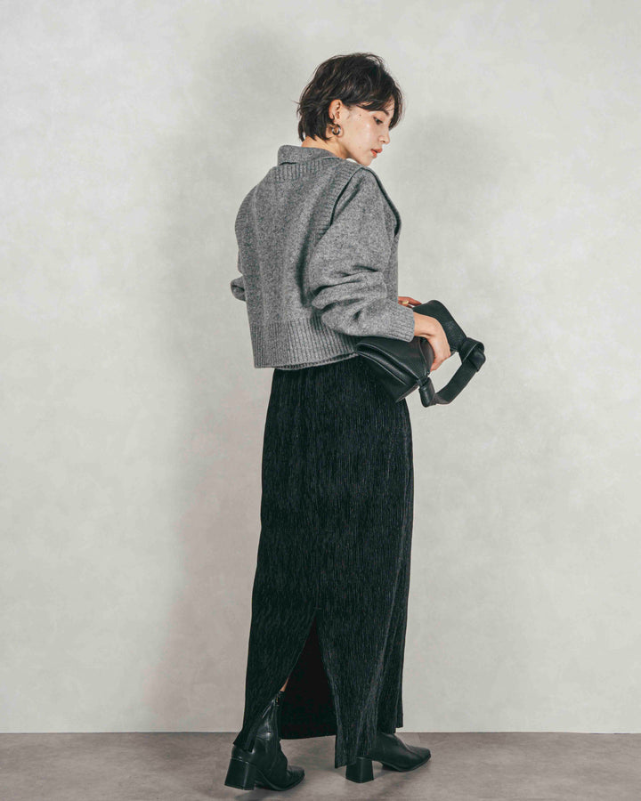 ［SET］Cloudyメランジ襟付きカーディガン+Cloudyメランジクロップドベスト+ベロアNarrowスカート（3SET）