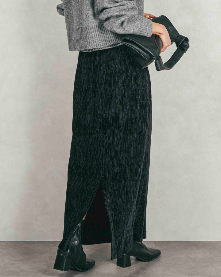 ［SET］Cloudyメランジ襟付きカーディガン+Cloudyメランジクロップドベスト+ベロアNarrowスカート（3SET）