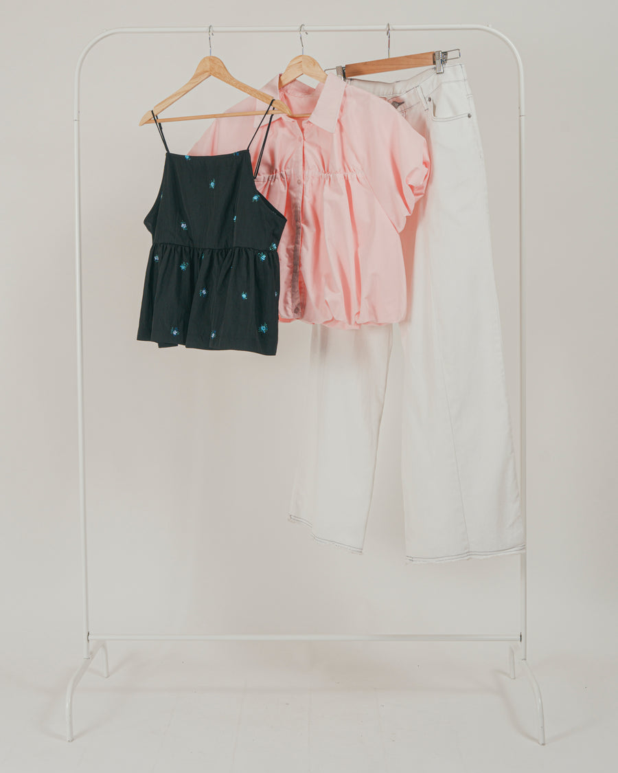 ［SET］Flower刺繍　ボリュームキャミ + バルーンShirringハーフスリーブシャツ + 10oz ニュアンスバイカラー リラックスワイドデニム（3SET）