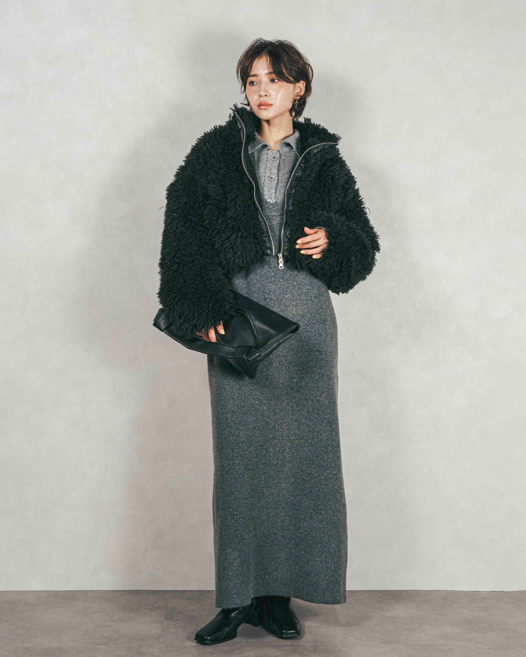 ［SET］プードルボアZipショートコート+メランジKnitロングワンピース（2SET）